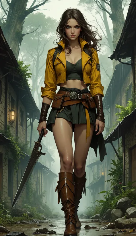 Masterpiece, best quality, hyper-detailed, 8k resolution, award-winning character concept art. A dynamic, full-body portrait of a formidable female bounty hunter, tall, with a powerful athletic build. She has long, wind-swept brunette hair and an exquisite...