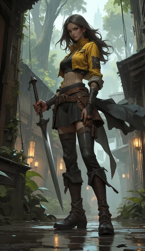 Masterpiece, best quality, hyper-detailed, 8k resolution, award-winning character concept art. A dynamic, full-body portrait of a formidable female bounty hunter, tall, with a powerful athletic build. She has long, wind-swept brunette hair and an exquisite...