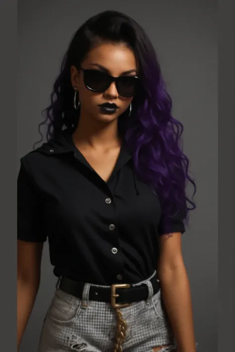 A woman with a dark brown skinned complexion and long, coarse hair styled in pigtails. She has a striking gothic aesthetic blended with hip-hop style — dark makeup, bold eyeliner, black lipstick, and piercings. Her outfit fuses goth and streetwear: oversiz...