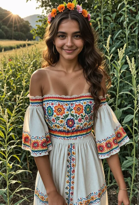 score_9, score_8_up, masterpiece, best quality, absurdres, amazing quality, ultra realistic, soft lighting, olive skin, (mexican woman), beautiful face, long wavy dark brown hair, flower crown, traditional mexican dress, colorful embroidery, off-shoulder b...