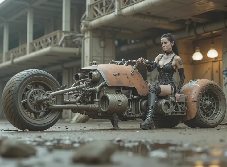 The image shows a desolate scene with a seated woman, tilted and taking the handlebars to adapt to speed on a uniquely designed motorcycle that embodies a steampunk or post-apocalyptic aesthetic. The motorcycle is sturdy, has only 2 sturdy all-terrain whee...