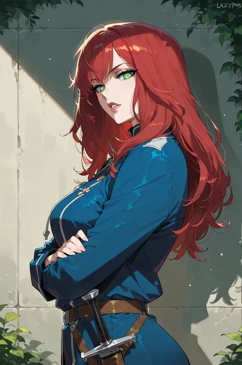 lazypos, 1girl, solo, looking at viewer, wideshot, from the side, standing, detailed eyes, looking at viewer, shadow, ligh particles, full lips, thick lips, Inspiring, arms crossed,
Devola, red hair, medium breasts, green eyes, long hair, glowing eyes, med...