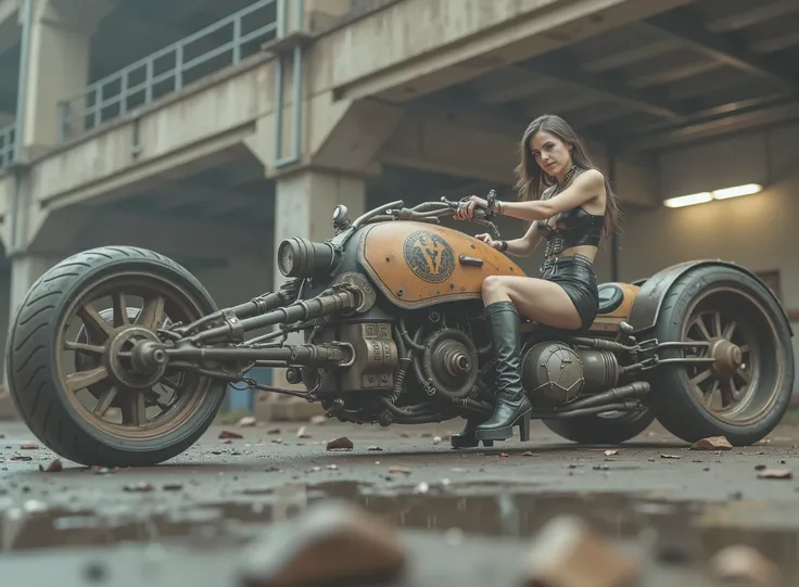 The image shows a desolate scenario with a woman, tilted and taking the handlebars to adapt to speed on a uniquely designed motorcycle that embodies a steampunk or post-apocalyptic aesthetic. The motorcycle is sturdy, has only 2 sturdy all-terrain wheels, ...