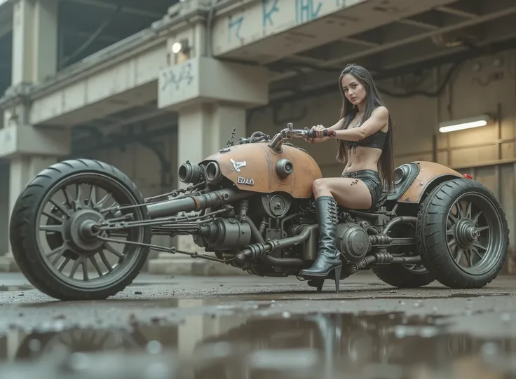 The image shows a desolate scenario with a woman, tilted and taking the handlebars to adapt to speed on a uniquely designed motorcycle that embodies a steampunk or post-apocalyptic aesthetic. The motorcycle is sturdy, has only 2 sturdy all-terrain wheels, ...