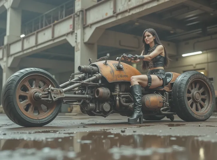 The image shows a desolate scenario with a woman, tilted and taking the handlebars to adapt to speed on a uniquely designed motorcycle that embodies a steampunk or post-apocalyptic aesthetic. The motorcycle is sturdy, has only 2 sturdy all-terrain wheels, ...