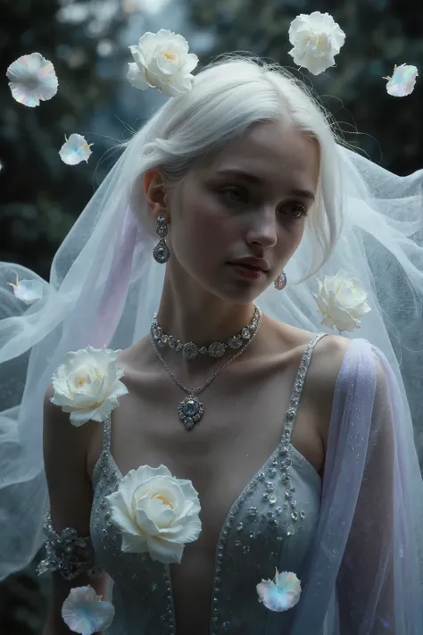 Create a stunning masterpiece featuring a beautiful white-haired young adult female as the central figure. She is adorned with delicate, iridescent jewelry—shimmering necklaces, earrings, and bracelets that mirror the cool, ethereal tones of her hair, addi...