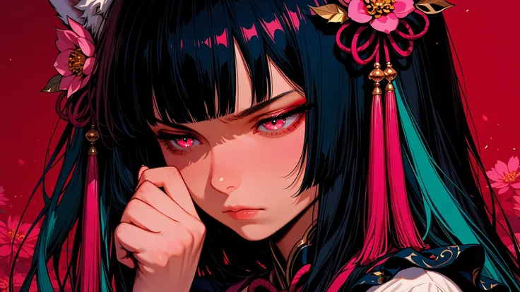 
Woman, solo,  Staring at the Audience, Bang, pink eyes, Long Hair, black hair,white fox ears， hair ornaments, hand up, Flower, blunt Bang, closed mouth, Tassel, ribbon, Portrait, colorful, red background, frills, multi-colored hair, upper body,