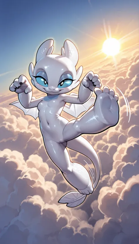 score_9, score_8_up, score_7_up, anthro, masterpiece, best quality, amazing quality, very aesthetic, absurdres, source furry, Nubless_httyd, dragon, light fury, white scales, wings, tail, claws, 1girl, solo, alone, female, blue sclera, black pupils, epic p...