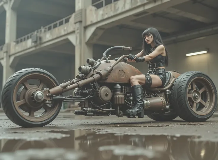 The image shows a desolate scenario with a woman, tilted and taking the handlebars to adapt to speed on a uniquely designed motorcycle that embodies a steampunk or post-apocalyptic aesthetic. The motorcycle is sturdy, has only 2 sturdy all-terrain wheels, ...