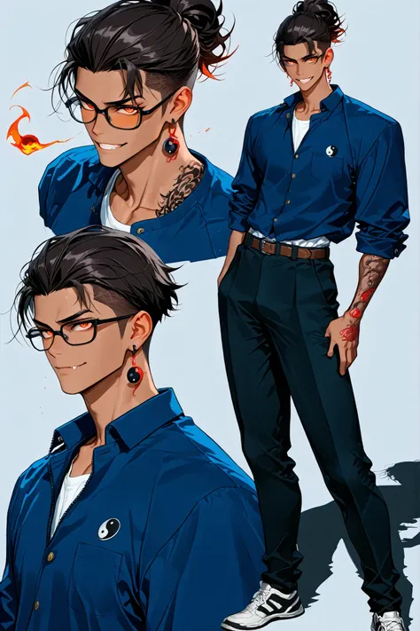 dynamic character design,male focus,8k resolution, master quality anime illustrations, anatomy corrected, master details pupils, master details ears, dramatic lighting, 1boy, masculine, (delinquent), lip fang, mischievous grin, shallow shadow,  (fighter), ...
