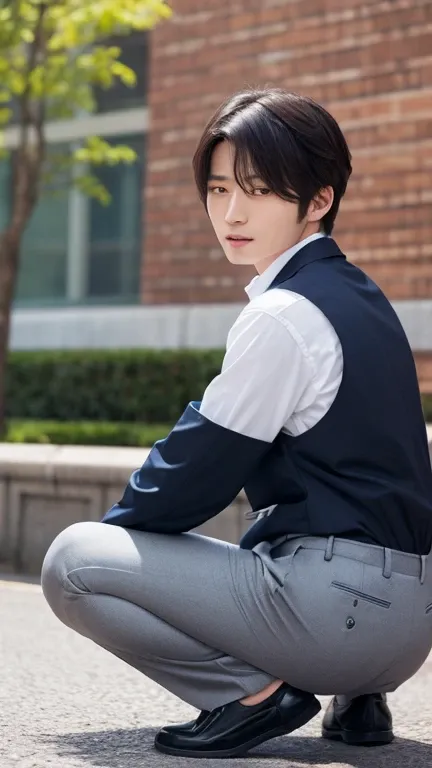 A picture of one man、high resolution、High Precision、live-action、8K Quality.  現実的なHigh Precision .超high resolution, 超high resolution. super real.Japanese male idol with a beautiful slouching posture、School Uniform、tight slacks、slacks fit very well、tight pants. sexy hips  、Bob hair crotch、open mouth、Squatting position with legs open、back shot grabbed by the shoulder、his face and gaze are naturally directed to the camera、、