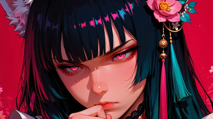 
Woman, solo,  Staring at the camera, Bang, pink eyes, Long Hair, black hair,white fox ears， hair ornaments, hand up, Flower, blunt Bang, closed mouth, Tassel, ribbon, Portrait, colorful, red background, frills, multi-colored hair, upper body,