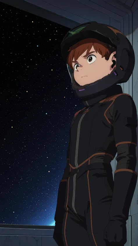 Score_9, score_8_up, score_7_up,masterpiece, best quality, amazing quality ,chilchuck tims, boy,  singleboy, 1boy, brown eyes, chilchuck face, very detailed, pilot helmet, color lens, pilotsuit,standing, white backround, space station, indoor, simple backr...
