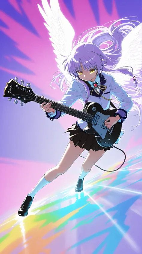 (solo),ultra high definition, absolute resolution, masterpiece. lonely,super long hair,light purple hair, yellow eyes ,blazer after face,skirt,白いshoes下,shoes,Canadest Girl, Angel Beats!, bangs that aren't aligned,play guitar,very pretty eyes,
 , kind expre...