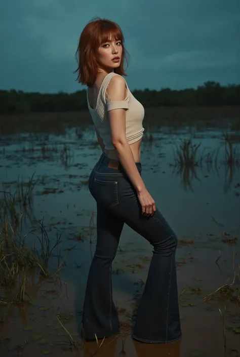 middle-aged mature woman, wrinkles, turns back seductively , vulgar, duckweed, drowns in a muddy swamp. seduces back, eye bags, wrinkles, tight flared skinny washed denim Levis jeans and fitted shirt, copper chestnut bob, poses standing up in tension, Ni...