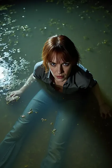 middle-aged mature woman, wrinkles, vulgar turns back , vulgar, duckweed, drowns in a muddy swamp. seduces back, eye bags, wrinkles, tight flared skinny washed denim Levis jeans and fitted shirt, copper chestnut bob, poses standing up in tension, Night, ...