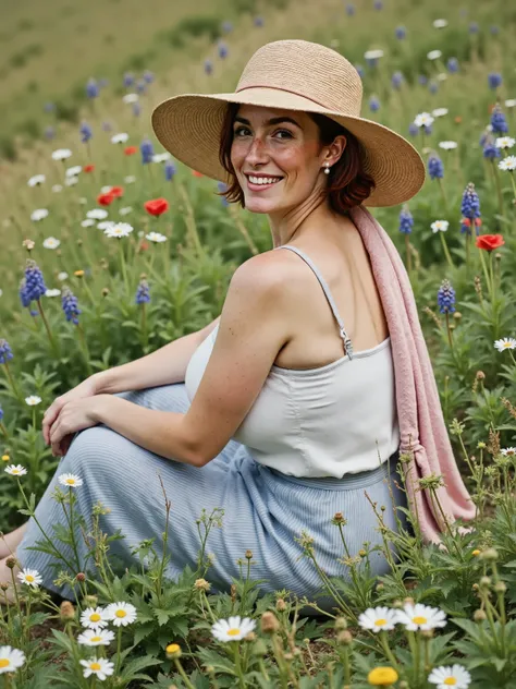 Photorealistic close-up picture featuring a beautiful 40-year-old woman sitting in the midst of a wild flower meadow on a hillside in the countryside. She's wearing a sleeveless white linen top and blue striped linen skirt, broad-brimmed straw hat, light r...