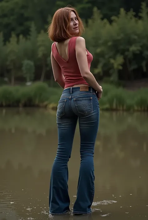 middle-aged mature woman, wrinkles, turns back seductively , vulgar, duckweed, drowns in a muddy swamp. seduces back, eye bags, wrinkles, tight flared skinny washed denim Levis jeans and fitted shirt, copper chestnut bob, poses standing up in tension, Ni...