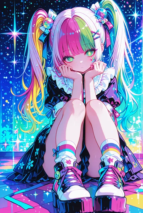 Woman, solo, colorfulな爪, rimless,green eyes, Long Hair,hair ornaments, hairpin、ribbon, colorful, pop background、multi color hair, Full Body、Sparkling Makeup on Her Face、sitting on the floor、Harajuku、Twin Tails、Lolita