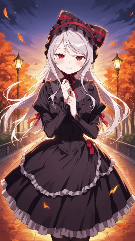 BREAK (masterpiece:1.2), best quality, high resolution, unity 8k wallpaper, (illustration:0.8), (beautiful detailed eyes:1.6),Tree-lined path covered in red and orange leaves,
dim street lamps casting warm pools of light,
gentle breeze scattering leave...