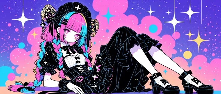 
Woman, solo, gloves, rimless,pink eyes, Long Hair,hair ornaments, hairpin、ribbon, colorful, pop background、multi color hair, Full Body、Sparkling Makeup on Her Face、Harajuku、Lolita、Highest Quality、candy、braids