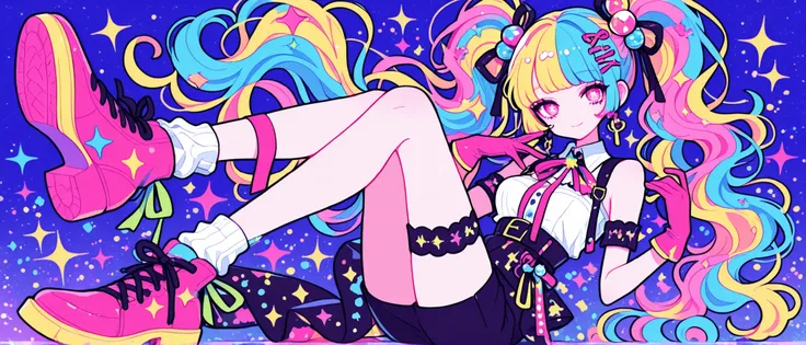 
Woman, solo, gloves, rimless,pink eyes, Long Hair,hair ornaments, hairpin、ribbon, colorful, pop background、multi color hair, Full Body、Sparkling Makeup on Her Face、Harajuku、Highest Quality