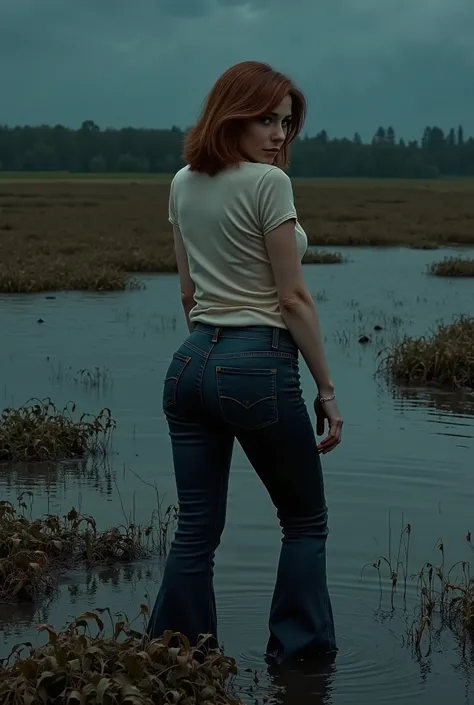 middle-aged mature woman, wrinkles, turns back seductively , vulgar, duckweed, drowns in a muddy swamp. seduces back, eye bags, wrinkles, tight flared skinny washed denim Levis jeans and fitted shirt, copper chestnut bob, poses standing up in tension, Ni...