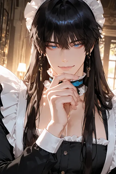 A handsome Korean adult “male“ with “black long hair“ and light detailed eyelashes and blue eyes and a delicate impression is wearing a maid outfit and a frilled choker, dramatic cinematic ambient, semi-realistic, snapshot, dynamic pose like model, lively ...