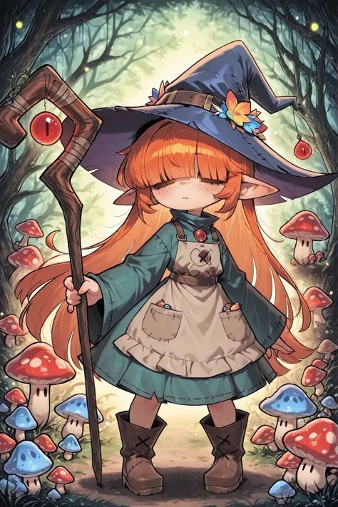 (CuteToon_ST,) a Fungi Witch. She has a petite build and flat chest, she is shorty, her hat, staff and boots are too big for her. She has dark caramel tanned skin, covered with freckles. She has big long pointy-ears. She has yellow-amber sclera and red i...