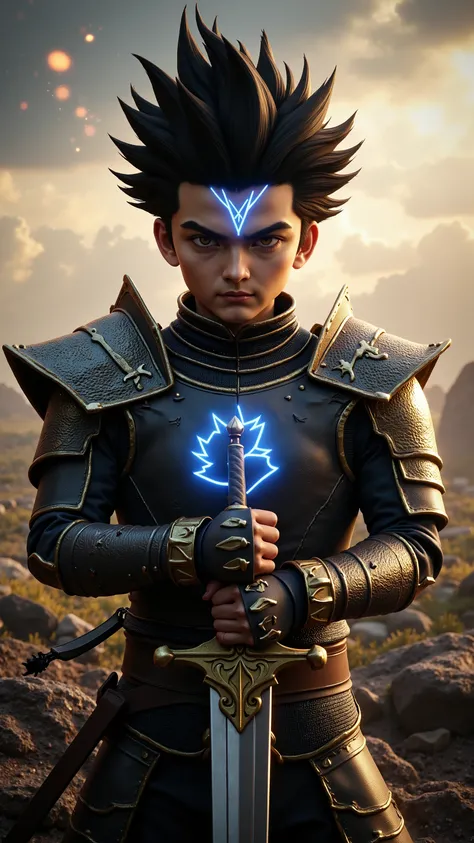 Photorealistic cinematic portrait of ((Dai from Dragon Quest)), a young heroic warrior with spiky black hair and determined eyes, ((glowing  blue minimalist dragon head symbol made of lines shining on his forehead)), wearing detailed fantasy armor with met...