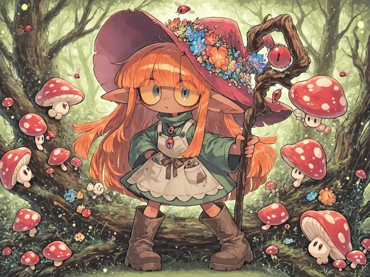 (edanoma_meu_illu,) a Fungi Witch. She has a petite build and flat chest, she is shorty, her hat, staff and boots are too big for her. She has dark caramel tanned skin, covered with freckles. She has big long pointy-ears. She has yellow-amber sclera and ...