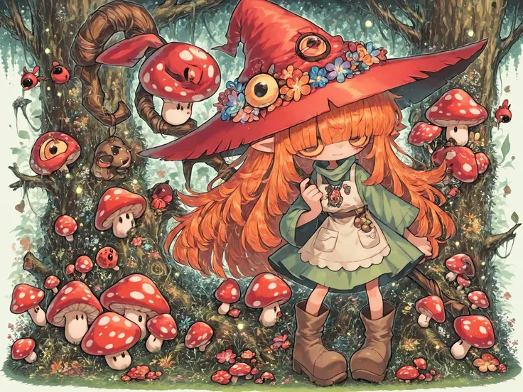 (edanoma_meu_illu,) a Fungi Witch. She has a petite build and flat chest, she is shorty, her hat, staff and boots are too big for her. She has dark caramel tanned skin, covered with freckles. She has big long pointy-ears. She has yellow-amber sclera and ...