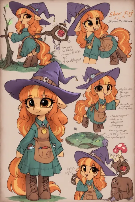 (hzkchin,Furry-style character concept art,My Pony Style V4) My Little Pony Style a Fungi Witch. She has a petite build and flat chest, she is shorty, her hat, staff and boots are too big for her. She has dark caramel tanned  skin, covered with freckles. S...