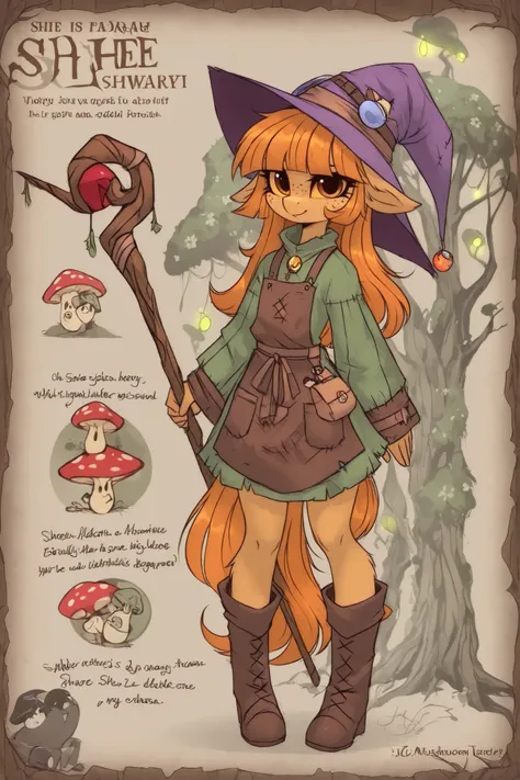 (hzkchin,Furry-style character concept art,My Pony Style V4) My Little Pony Style a Fungi Witch. She has a petite build and flat chest, she is shorty, her hat, staff and boots are too big for her. She has dark caramel tanned  skin, covered with freckles. S...