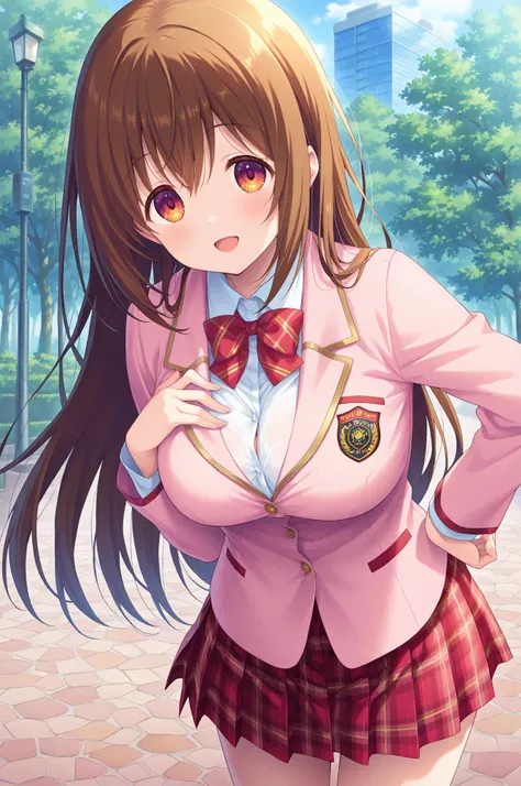 Kusano Yuhase、brown hair、uniform、pink jacket、red skirt、plaid skirt、big breasts, 、long hair
