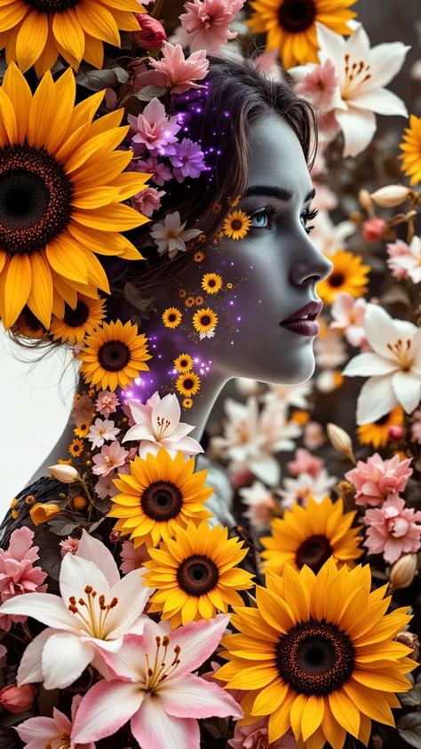experimental portrait of a young woman in multiple exposure technique, combining styles of Relander and Neil Krug: graceful female silhouette in profile, gradually dissolving into a dynamic vortex of floral elements. Massive golden-orange sunflower petals ...