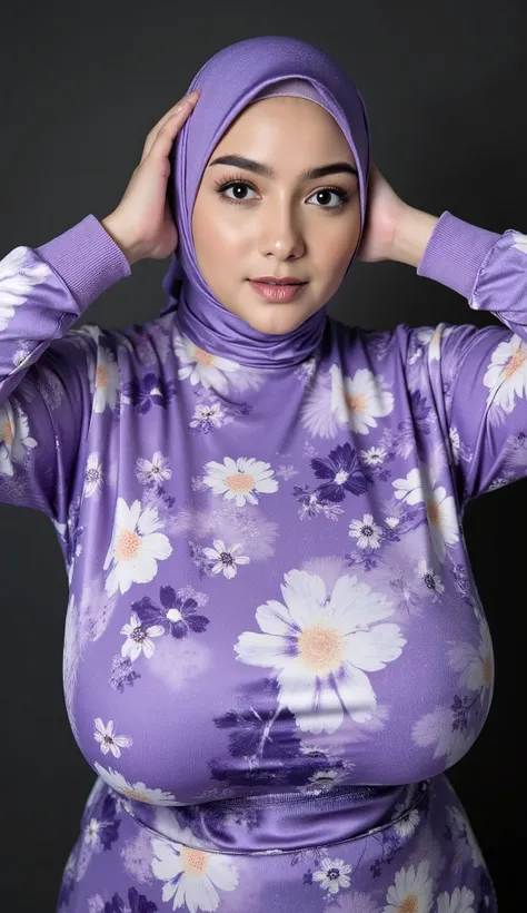 A girl FaisaCh with crafted bold flower patterned large simple instant bergo satin hijab. She is looking at the viewer with bright and loving eyes. She is leaning forwardal. Close-up of sexy body, very detailed. She is wearing a perfect wet soft sweater. H...