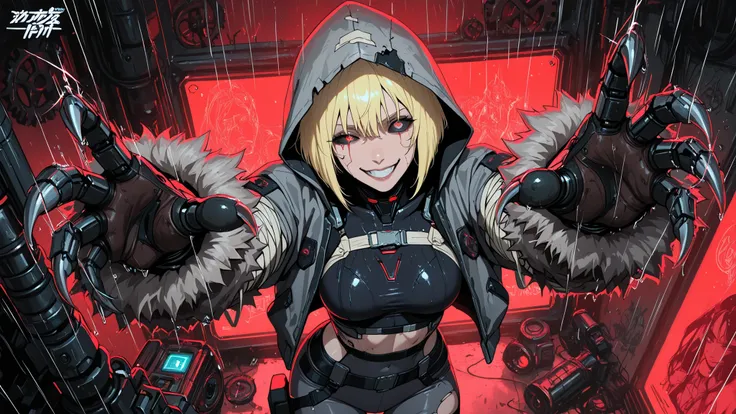 ((high angle)) mecha cyber goth girl noble mummy like bandaged, huntress knight going down in bloodied classy dark castle indoor (perfect sclera eye style,sclera,eye,perfecteyes,Goth girl 1girl,(masterpiece, deta glowing inside colar, fur sleeves, tight s...