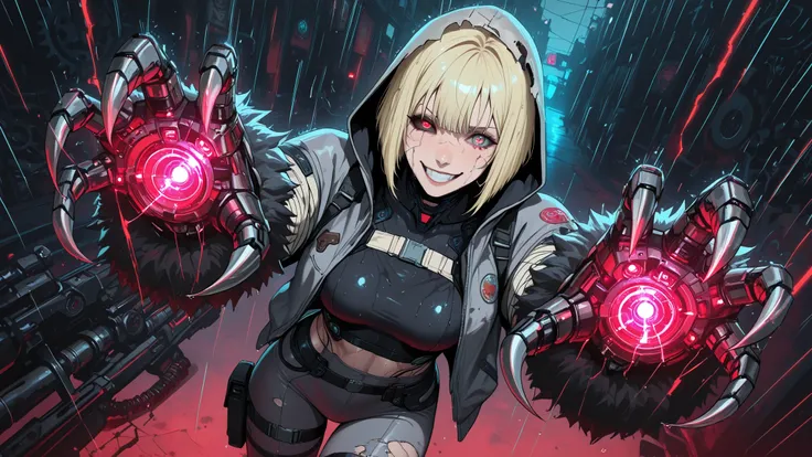 ((high angle)) mecha cyber goth girl noble mummy like bandaged, huntress knight going down in bloodied classy dark castle indoor (perfect sclera eye style,sclera,eye,perfecteyes,Goth girl 1girl,(masterpiece, deta glowing inside colar, fur sleeves, tight s...