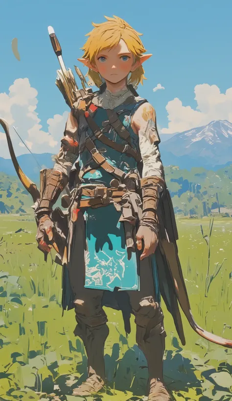 younger, has a blurry、I'm standing confidently with a bow on my hand, Ready for action. turquoise tunic adorned with a distant mountain spreading across the horizon々with a lush green field in the background、and a complicated white design, The. My thin arms...