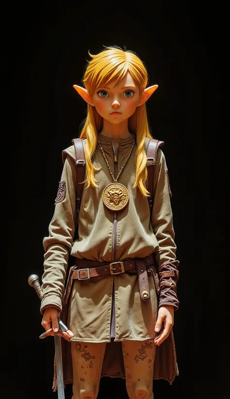 figurines, their subtle beauty is impressive, work. Drawn in the center、, the character has pointed ears and、It's a rich earth-brown tapestry. with long golden hair flowing down gracefully、, shining light against a dark background, wrapped in. The color pa...