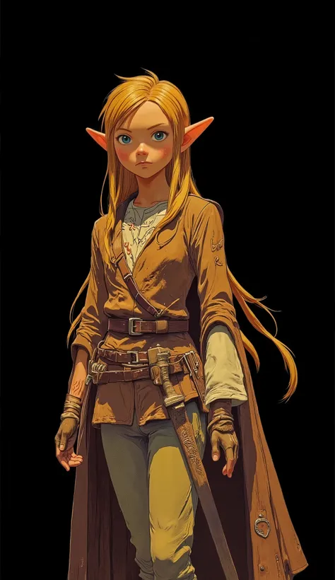 figurines, their subtle beauty is impressive, work. Drawn in the center、, the character has pointed ears and、It's a rich earth-brown tapestry. with long golden hair flowing down gracefully、, shining light against a dark background, wrapped in. The color pa...