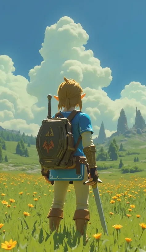 Close up of a person holding a sword in a field, Breath of the Wild art style, OTW style, Breath of the Wild style, OTW, zelda Breath of the Wild, Breath of the Wild, zelda OTW, Page Scroller , Breath of the Wild screenshot, Magic Sword Wielding , Shinin...