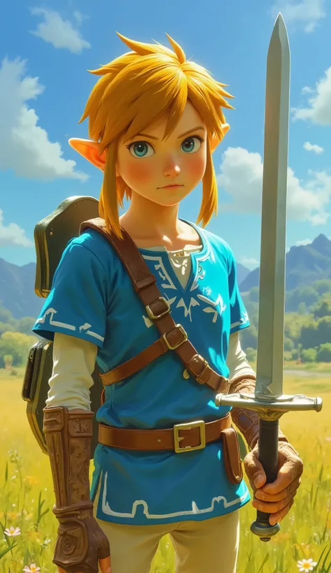 Close up of a person holding a sword in a field, Link portrait, from The Legend of Zelda, The Legend of Zeldaからのリンク, Zelda-inspired art, OTW style, Breath of the Wild Style , zelda OTW, link from the The Legend of Zelda, OTW, The Legend of Zelda, the The L...