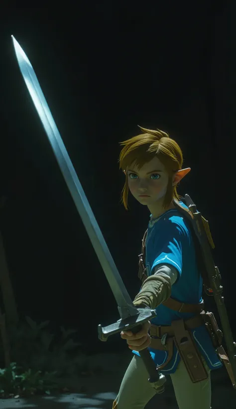 Close-up of a person holding a sword in a dark room, zelda Breath of the Wild, Breath of the Wild style, Breath of the Wild art style, Breath of the Wild, dramatic sword wielding posture, zelda OTW, OTW,  Link to the Movie , Breath of the Wild screenshot, ...