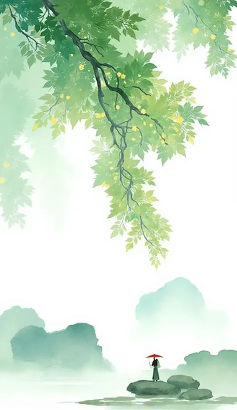 a serene and artistic watercolor painting that captures a tranquil scene. The composition is dominated by a large tree branch extending from the top right corner, adorned with lush green leaves and delicate flowers. The leaves and flowers are painted in va...
