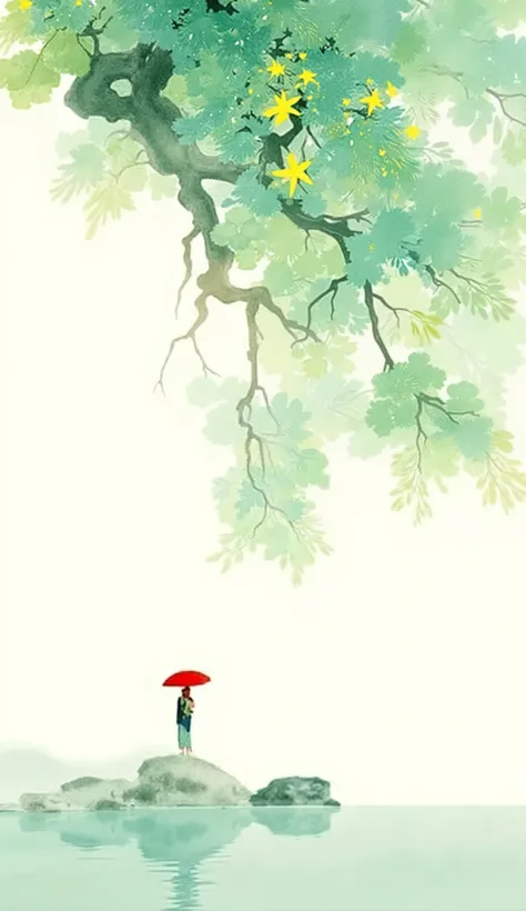 a serene and artistic watercolor painting that captures a tranquil scene. The composition is dominated by a large tree branch extending from the top right corner, adorned with lush green leaves and delicate flowers. The leaves and flowers are painted in va...