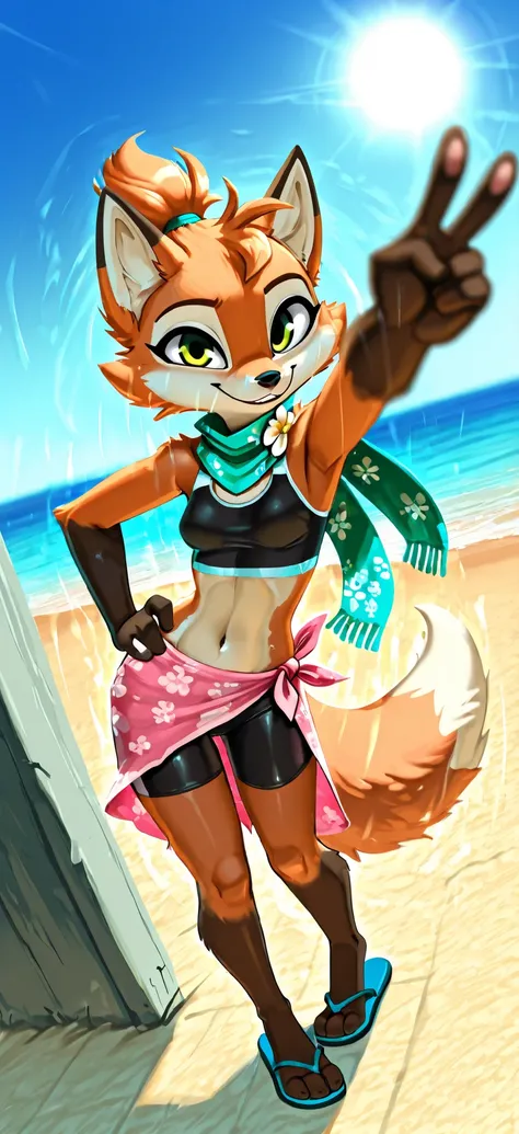 score_9, score_8_up, score_7_up, 1girl, source furry, absurdres, masterpiece, best quality, amazing quality, siroc, solo, dynamic angle, fleetfox, furry, fox, orange fur, green eyes, female, short hair, spiky pointed bangs tuft, fleetSummer, black tankini,...