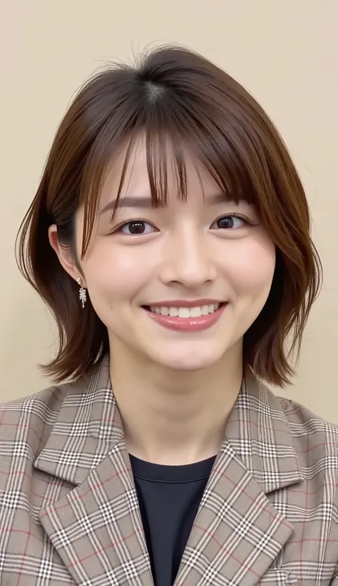 Neat Young Woman、and look at the camera、office lady suit、jacket、shirt、ネックレス、、ear piercing、、無表情、背景はオフィス
