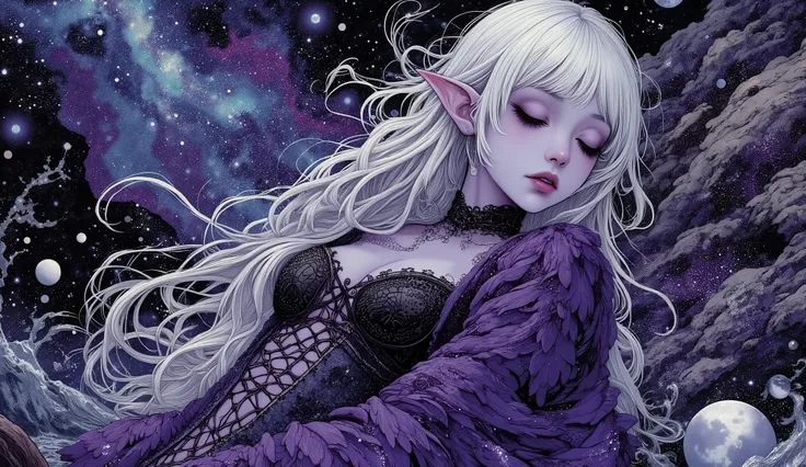 (A fusion of Ukiyo-e and dark fantasy. Aesthetic and gothic digital art. Draw a detailed face. Look away.) BREAK (Transparent white hair. Blunt bangs. White eyebrows. Long white eyelashes. Almond-shaped eyes. Lavender-colored eyes. Thick, dark eyeliner. Sm...